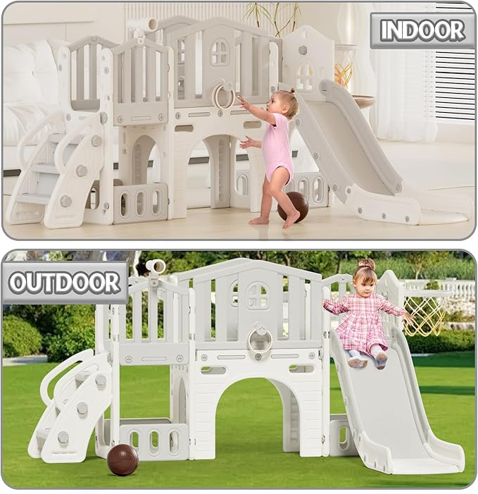 YUFU 9 in 1 Toddler Slide, Kids Slide for Toddlers Age 1-3, Toddler Climber Slide with Ring Toss, Tunnel, Corridor and Basketball Hoop, Toddlers Indoor Outdoor Playset (Beige+Gray)