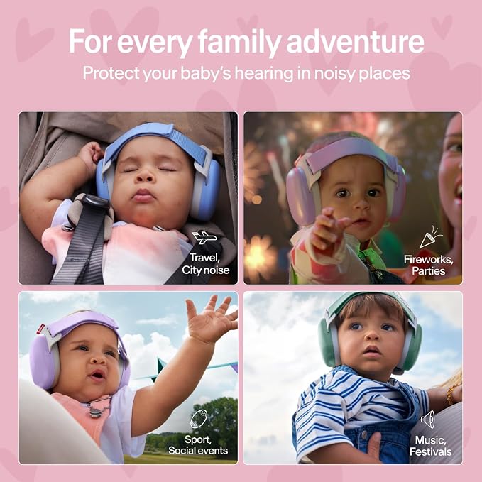 Alpine Muffy Baby Comfort - Protects Hearing for Babies and Toddlers - CE & ANSI Certified - Headband for Safe fit & Comfort - Adjustable for Ages 3-48 Months - 24dB Sound Reduction, Hearts