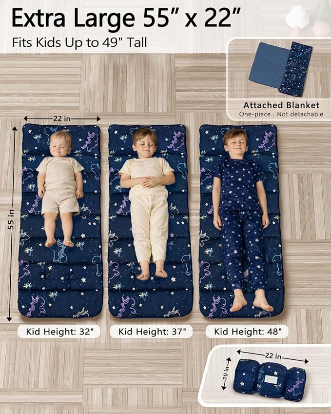 Primlect Thickened Toddler Nap Mat with Removable Pillow and Minky Blanket, Extra Large 55''x35'' Sleeping Bag, Washable, Roll up, Perfect for Daycare, Preschool, Kindergarten, Boys and Girls