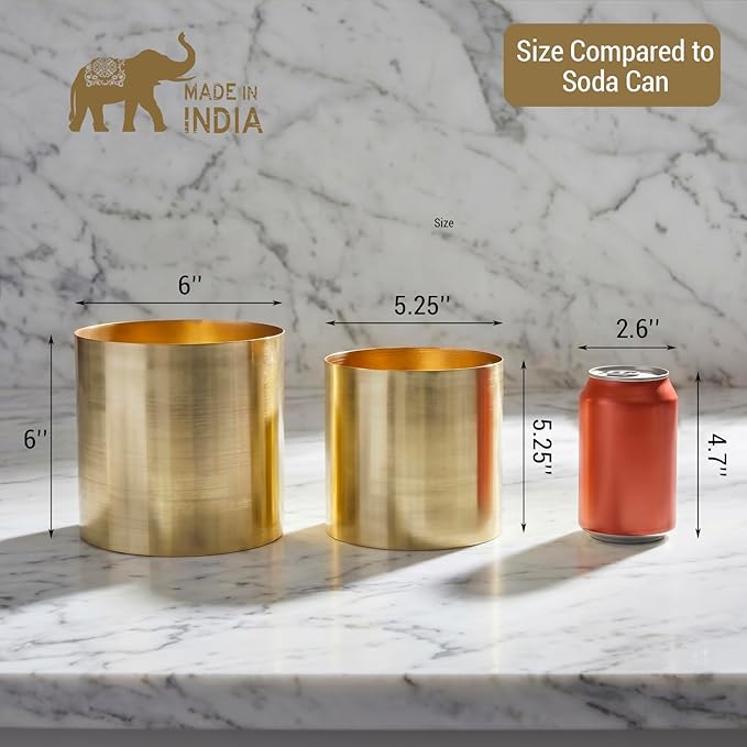 MyGift Modern Brushed Brass Plated Indoor Plant Pot, Cylindrical Metal Vase, 5 and 6 Inch, Set of 2 - Handcrafted in India