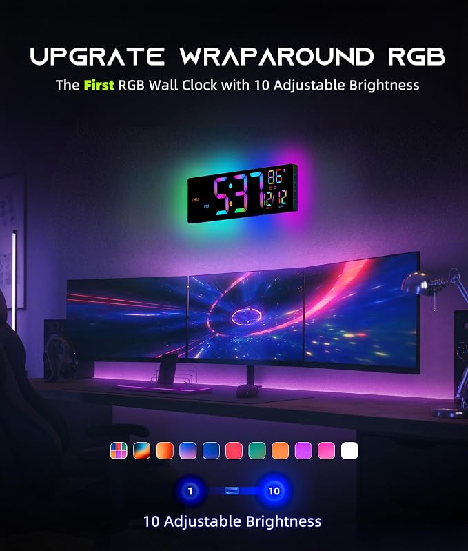 EASYERA 16.5" Large Digital Wall Clock with BT Sync,11 RGB Lights | Classroom Clock Remote Control, Big LED Display, Dual Alarms, Auto DST, Temperature | Gaming
