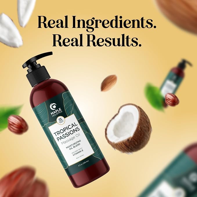 Tropical Sensual Massage Oil for Couples - Complete Relaxation Full Body Massage Oil for Date Night with Smooth Gliding Coconut and Sweet Almond Oil with Mango Scent - Non GMO Gluten Free and Vegan