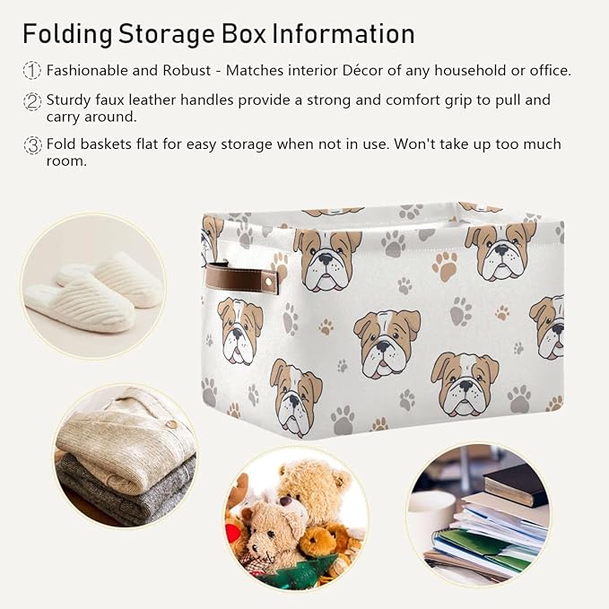 Aslsiy Storage Basket Dog Paws Nursery Bins English Bulldog Baby Box Canvas Clothes Shelf Basket Laundry Hamper Gift Basket for Home Closet 2 Pcs