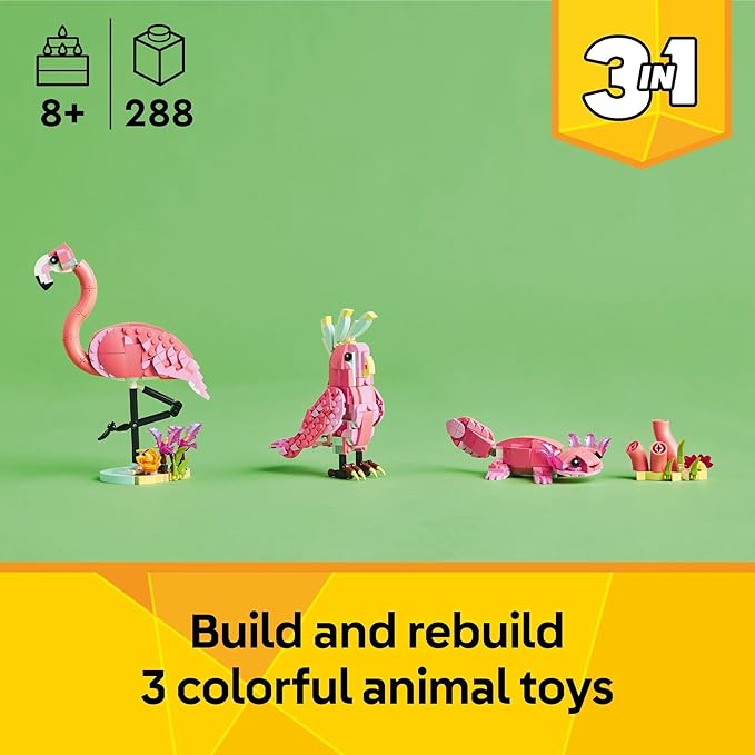 LEGO Creator 3 in 1 Wild Animals: Pink Flamingo Animal Building Toy - Playset with 3 Build Options, Pink Flamingo, Cockatoo, or Axolotl - Learning Toy for Kids, Ages 8+- 31170