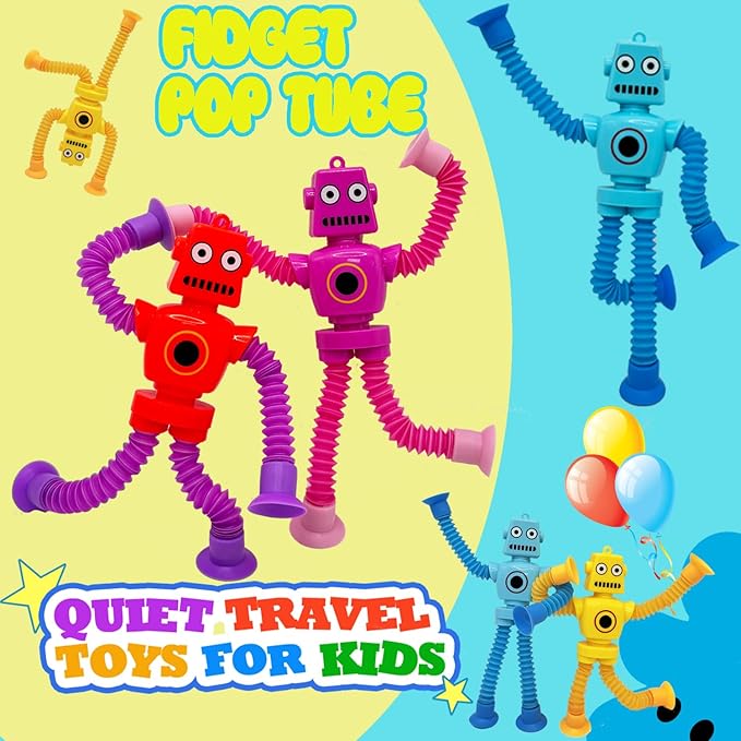 Suction Cup Robot Toy,Toys for Kids with Autism,Autism Sensory Products,Suction Cup Toy,pop Tubes Robots Stress and Anxiety Relief for Kids 3 4 5 6 7,Christmas Easter Gifts (mini 4PCS)