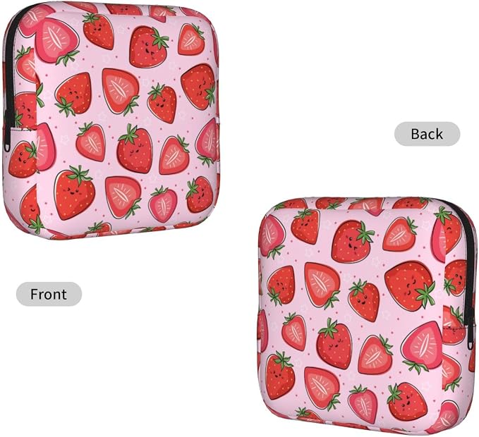 Kawaii Cute Pink Strawberry Strawberries Period Bag For Women,Portable Sanitary Napkin Period Pad Pouch For Purse, Small Make Up Bags