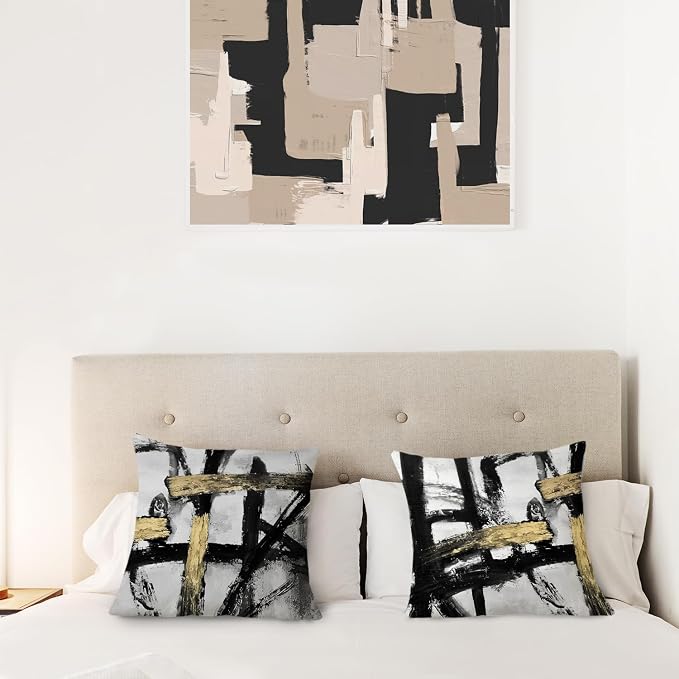 Black White Gold Pillow Covers, White Black and Gold Pillow Covers 18x18 Set of 2, Modern Black and White Pillow Covers for Couch Bed Living Room