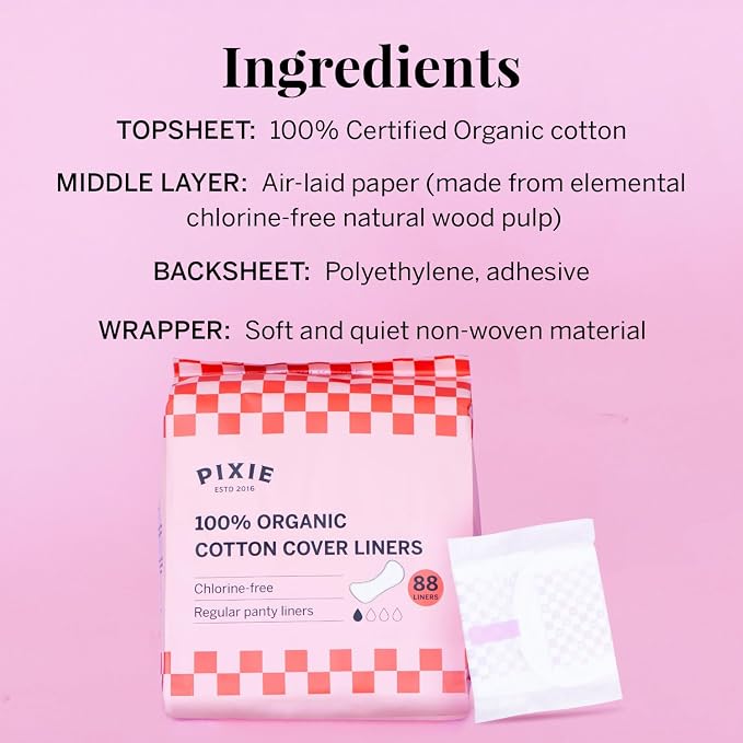 Pixie Organic Cotton Panty Liners for Women - Regular Wrapped Pantiliners - Light Absorbency & Ultra-Thin - Leak-Proof, Hypoallergenic & Unscented for Feminine Care - Compostable - 88 Count