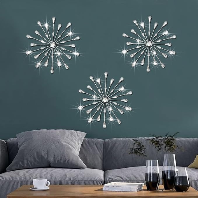 ZEXUIRU 3 Set Silver Starburst Wall Art for Home Decor Metal Bling Crystal Rhinestones Sunburst Wall Decor Sparkling Rhinestone Art Accent Silver - 18in