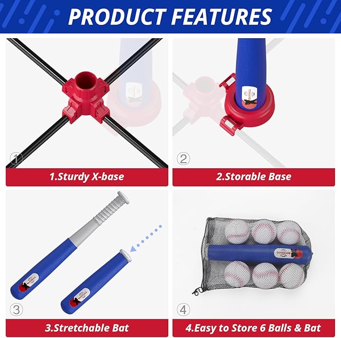 HYES 3-in-1 Baseball Set for Kids 3-5 - Tee Ball Stand, Hanging Tee, Ball Launcher and 6 Softballs - Adjustable Height, Indoor/Outdoor Sport Gifts for Boys Girls, Blue