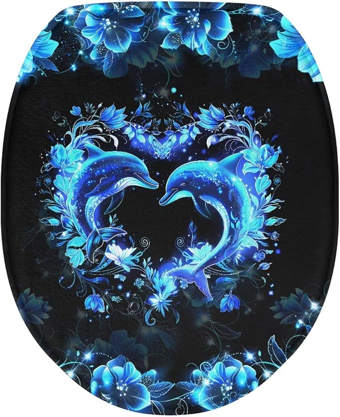 Neon Dolphin Toilet Seat Covers for Bathroom Blue Dolphin Bathroom Dust Cover Replacement Toilet Seat Cushion Cover with Elastic Bottom Universal Fit Elongated Oval Round Lid