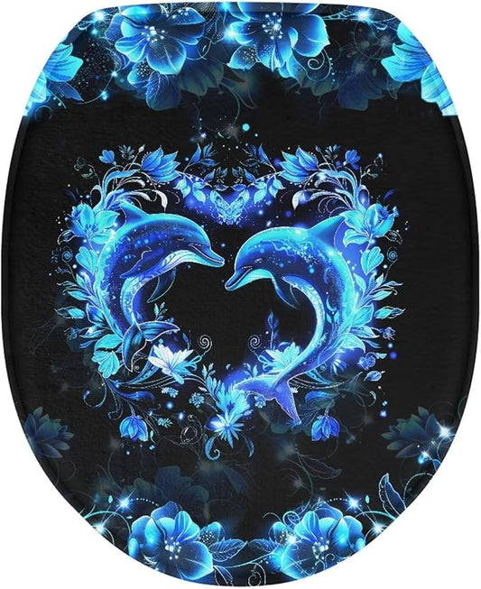 Neon Dolphin Toilet Seat Covers for Bathroom Blue Dolphin Bathroom Dust Cover Replacement Toilet Seat Cushion Cover with Elastic Bottom Universal Fit Elongated Oval Round Lid