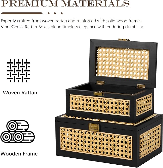 Rattan Storage Boxes Decorative Handmade Natural Wood Baskets | with Lid & Wooden Frame, Boho Rustic Wicker Stacking Woven Cane Bins, Shelf Closet Desk Organizer Container, Black, Large