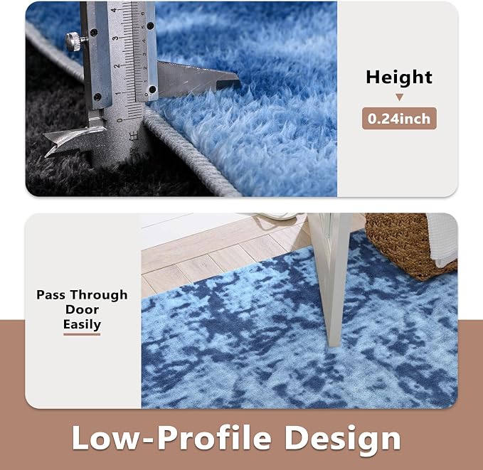 FinRèc 7x10 Washable Area Rugs for Bedroom Living Room, Low Pile Thin Ultra Soft Shag Rug, Non-Slip Carpet Indoor for Home Decor (Tie-dye Teal)