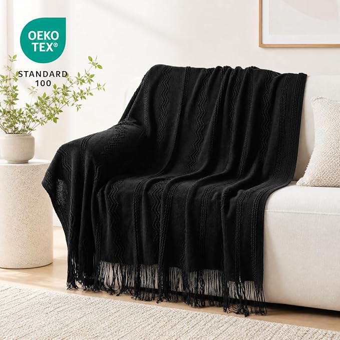 BATTILO HOME Black Throw Blanket for Couch, 50"x60" | Bed Throws for Home Decor, Decorative Black Knit Throw for Sofa Living Room