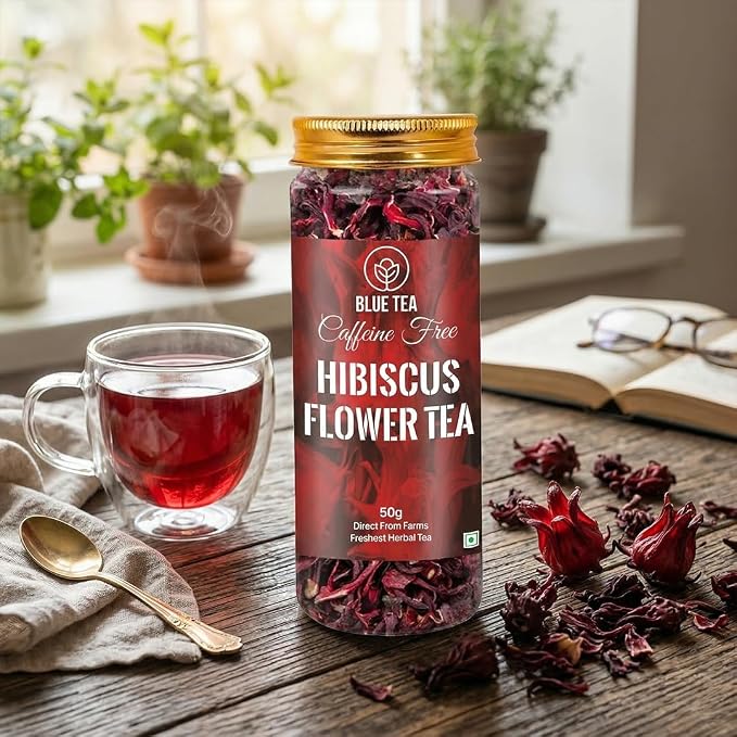 BLUE TEA - Hibiscus Tea - 1.76 Oz (80+ Cups) Loose | SKIN GLOW ENHANCING TEA | Herbal Tea - Flower Based - Non-Bitter - Caffeine Free - Tangy Flavour - Vitamin-C Rich | Pet Jar Pack