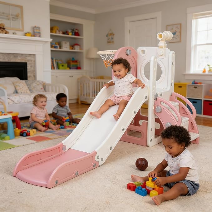 Toddler Slide, Outdoor Indoor Slide for Toddlers 1-3, Freestanding Slides with Basketball Hoop, Telescope, Storage Space and Non-Slip Steps (Pink)