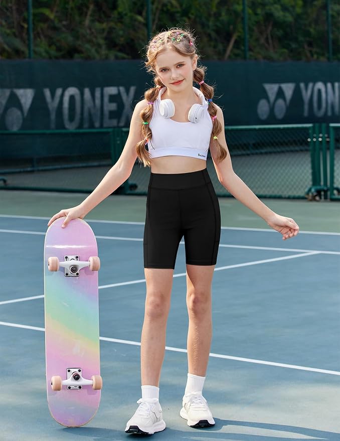 Zaclotre Girls Bike Shorts with Pockets Kids 5" High Waisted Yoga Workout Athletic Running Volleyball Spandex Shorts