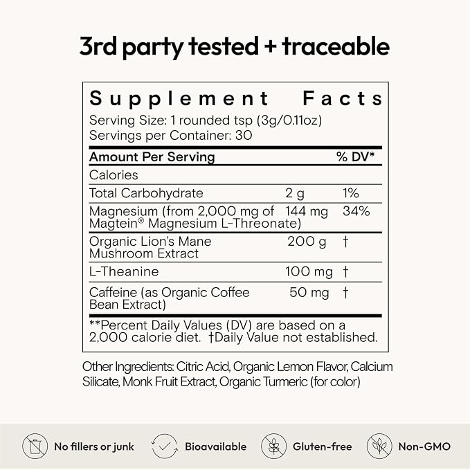 Moon Juice Neuro Magnesi-Om - Brain Support Supplement with Magnesium L-Threonate, Lion’s Mane, L-Theanine & Caffeine - Magnesium Powder for Focus & Memory - Lemon, 3.2 oz, 30 Servings