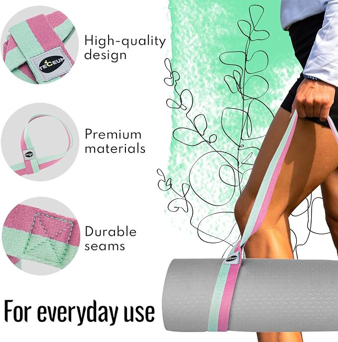 TECEUM Yoga Mat Strap – Extra Soft & Thick Cotton Carrier for All Mats | Adjustable Skin-friendly & Non-Slip Mat Holder Sling in 30+ Colors [Mat Not Included]