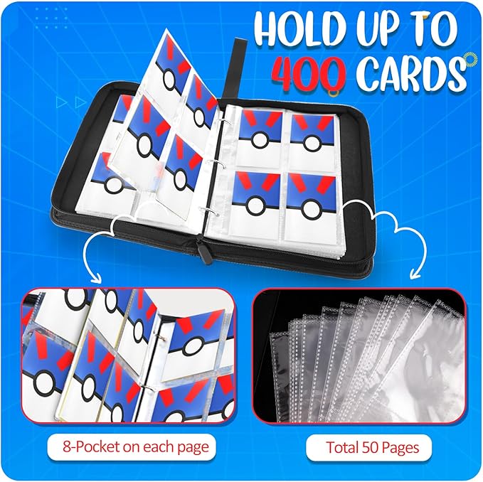 Card Binder 4 Pocket, Trading Card Holder Fits 400 Cards With 50 Removable Sleeves, Portable Collection Card Ablum, Game Card Case book With Zipper for Gift - Blue
