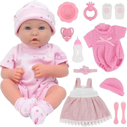 UNICORN ELEMENT 14 Inch Baby Doll with Baby Doll Clothes and Accessories, Reborn Vinyl Body 14” Dolls Playsets with Pacifier, Feeding Bottle Etc, Great Gift for Toddlers 3+