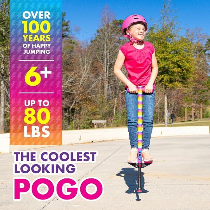 Flybar Jolt Pogo Stick for Kids, Perfect for Beginners w/ Foam-Covered Metal Frame, Handles & Padding, Non-Slip Foot Pads, Wide Tip, Outdoor Active Play Toy for Boys & Girls, Ages 6+, Rainbow