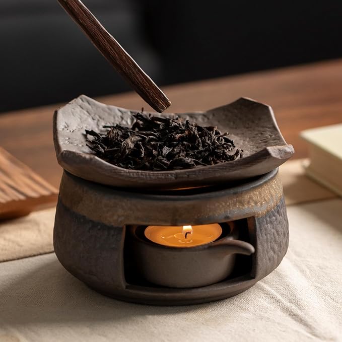 Cedar Aromatherapy Burner & Ceramic Oil Warmer for Home & Office (Heat-Resistant Tile Baking Tray + Stone-Patterned Oven + Old elm Wood mat + Accessories)