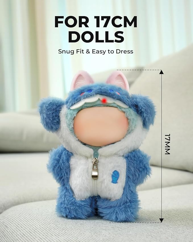 17cm Doll Clothes, Plush Shark Outfit and Clothes Accessories, Hooded One-Piece Suit with Zipper, Fluffy Blue Dress Up Clothes for Dolls (No Doll)