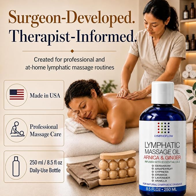 Lymphatic Drainage Massage Oil for Massage Therapy- Warming Arnica & Ginger | Surgeon-Developed Formula | Post Surgery Recovery, BBL, Liposuction, 360 Lipo, Tummy Tuck, Fibrosis | Made in USA | 8.5 Oz