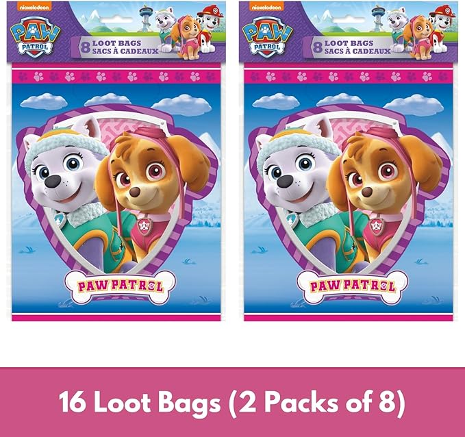 Unique Paw Patrol Party Favor Bags Set - 16 Paw Patrol Goodie Bags, Checklist - Skye Paw Patrol Birthday Decorations, Paw Patrol Everest and Skye Birthday Decorations
