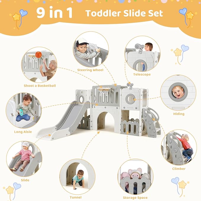Arlopu 9 in 1 Toddler Slide Set, Kids Large Climber Slide Playset w/Long Slope, Telescope, Storage Space, Enclosed Steps, Indoor Outdoor Playground (White & Gray)