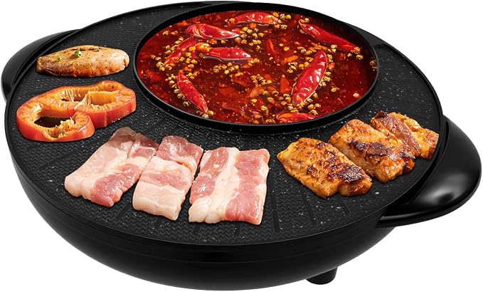 2 in 1 Electric Grill Pan and Hot Pot, Circular Indoor Shabu-shabu Hotpot Korean BBQ Grill,110V Large Capacity Baking Tray Nonstick Coating, Adjustable Temperature, for Family Gatherings & Home Use
