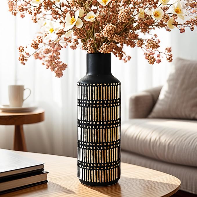 Rustic Ceramic Vase for Living Room Bedroom 11.02'' Black Flower Vase for Bouquet Fake Plant Home Decor Office Table Shelf Fireplace Centerpieces Antique Retro Vintage Classic Modern