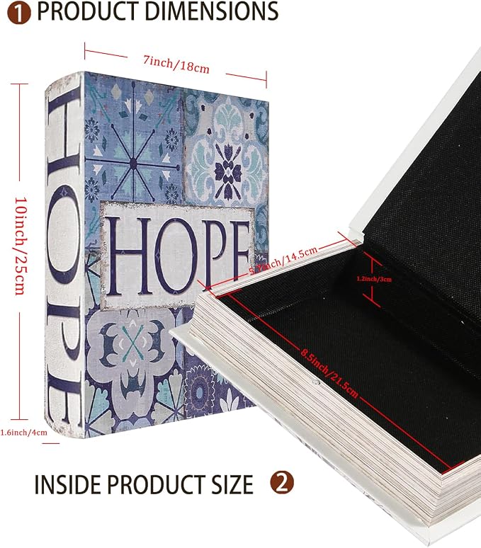 Decorative Wooden Book Box, Vintage Faux Book Boxes with Magnetic Closure, Secret Storage, Antique Look Leather Cover for Bookshelf or Office Decor (1 x Hope)