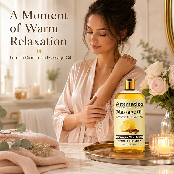 Aromatico Lemon & Cinnamon Massage Oil for Men & Women – 10 fl oz | Lightweight Non-Greasy Body Oil for Massage & Daily Body Care, Fast-Absorbing Moisturizing Oil with Citrus Aroma.