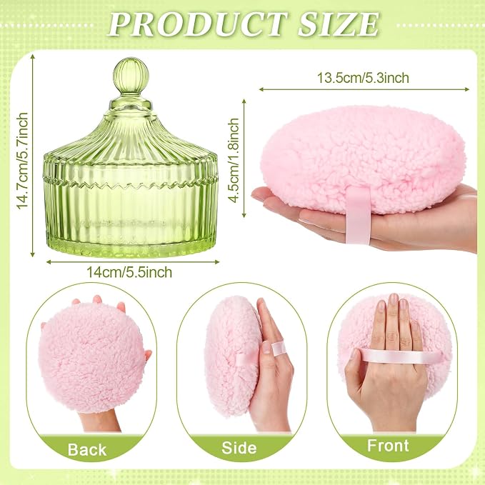 Extra Large Body Powder Puff and Container, 5.5'' Crystal Container with 5.3'' Oversize Dust Powder Puff Washable Reusable Face Body Glitter Wet Dry Makeup Gift(Green)