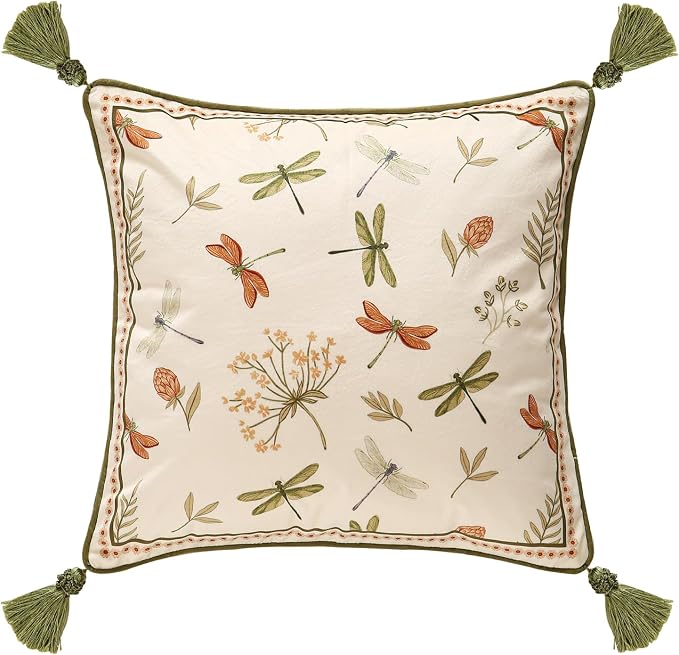 Designer Vintage Velvet Throw Pillow Cover,18"x18"-Grace B | Pillow Cover,Concealed Zipper Design,Dragonfly Pattern,Sofas,Bedroom,Living Room,Lounge Chairs,All Season Home Decor