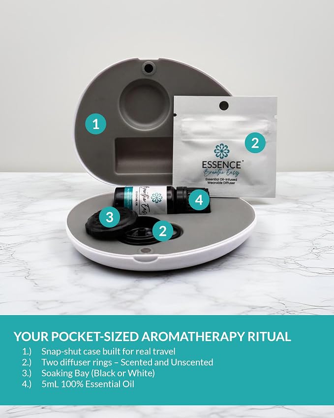 Essence Pearl Travel Case | Breathe Easy Essential Oil | Aromatherapy Nasal Diffuser & Essential Oil Carrying Case | Peppermint & Eucalyptus Blend | Travel-Friendly Kit | Black Pod
