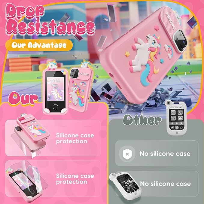 Luyiilo Kids Smart Phone Toys for Girls,Unicorn Gift Toys for Girls Ages 3-9 Christmas Birthday Gifts Mini Smart Phone Toys With 2.8" Touchscreen 16 Learning Games Dual Camera Music Player, 8G SD Card