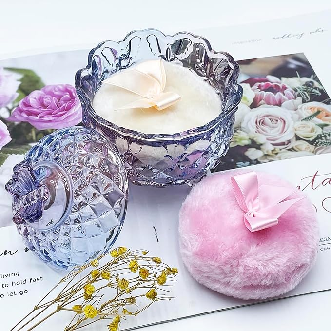 Luxury 4 Inch Glass Powder Jar with 2 Soft 3.5" Puffs,Body Powder Puff and Container (Butterfly-Colorful Purple)