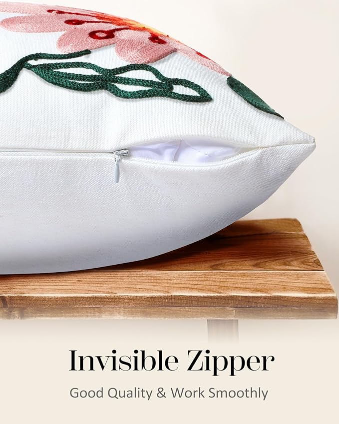 Embroidered Throw Pillow Cover - 18x18 Decorative Pillow Cover with Zipper Aesthetic Cute Design Boho Spring Summer Cozy Throw Pillowcase for Living Room Couch Sofa Bed, Artistic Flowers