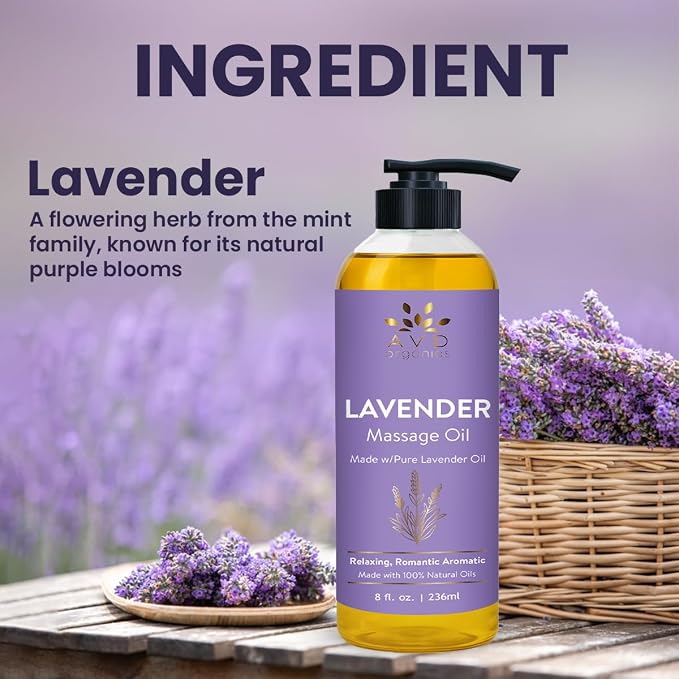 AVD Organics Lavender Massage Oil 236 ml| 100% Pure & Natural | for Men & Women | Sore Muscles Body Massage | Soothing Blend of Natural Oils for Therapeutic and Aromatherapy | 8 fl.oz