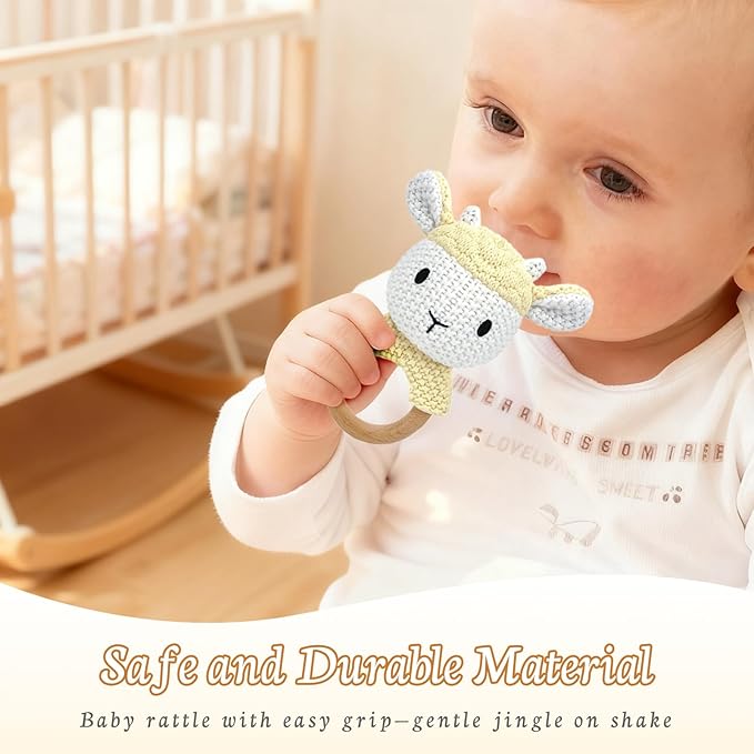 10" Crochet Sheep Stuffed Animal with Rattle, Pure Cotton Soft Crochet Doll Plush Toy for Newborn, Handmade First Birthday Gift