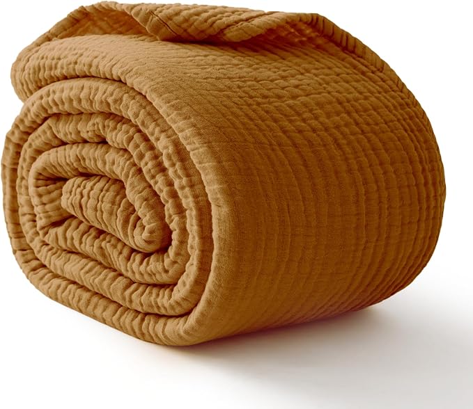 100% Cotton Muslin Blanket California King 120" x 90", 6 Layers Breathable and Lightweight Oversized Blankets for Bed, Soft Cooling Gauze Blanket for Adults All Season, Camel