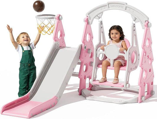 XJD 4-in-1 Toddler Slide and Swing Set, Kids Slide for Toddlers Age 1+, Toddler Outdoor Playset with Basketball Hoop, Swing, Christmas Birthday Gifts for Kids (Light Pink)