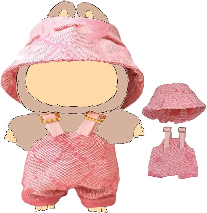 Clothes for la(NO Doll)-Hat & Overalls Set for labu Clothes 15cm/17cm Doll Accessories Suit for Dress Up, Play & Collector Display(Pink Overalls)