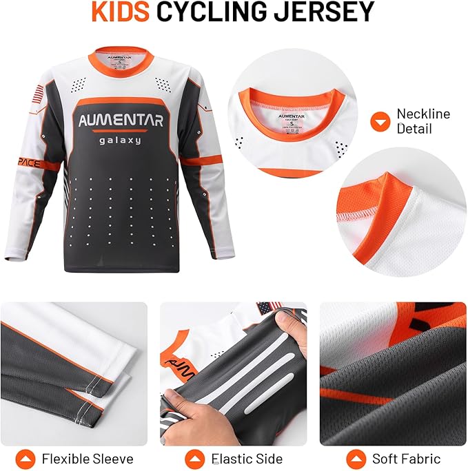 Kids Cycling Jersey Long Sleeve Dirt Bike Motocross Shirt, BMX Off-Road Racing Clothing