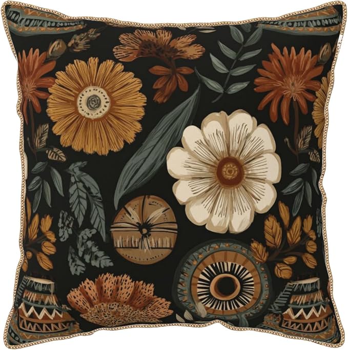 Vintage Boho Flower Velvet Pillow Covers 16x16 Inch Brown Green Retro Floral Throw Pillows for Couch Cushion Covers PillowcaseBohemian Farmhouse Pillow Cases for Sofa Bed Living Room