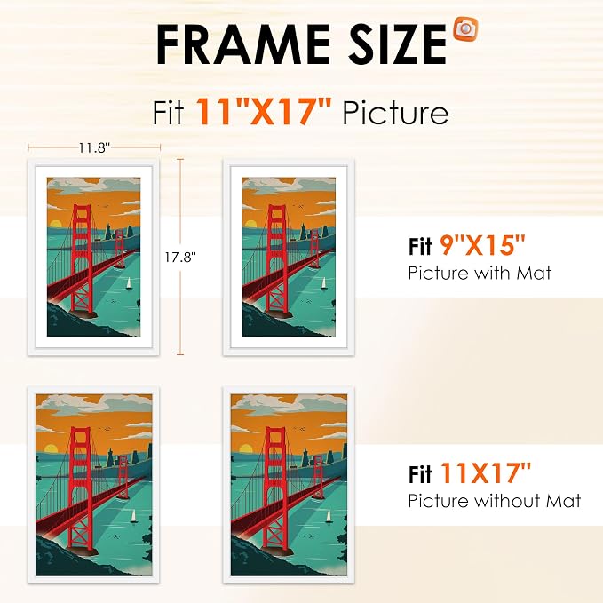 11x17 Picture Frame White Set of 2, Photo Frame with HD Plexiglass, Display Pictures 9x15 with Mat or 11x17 Without Mat, White Picture Frames Collage Wall Decor, Gallary Wall Frame